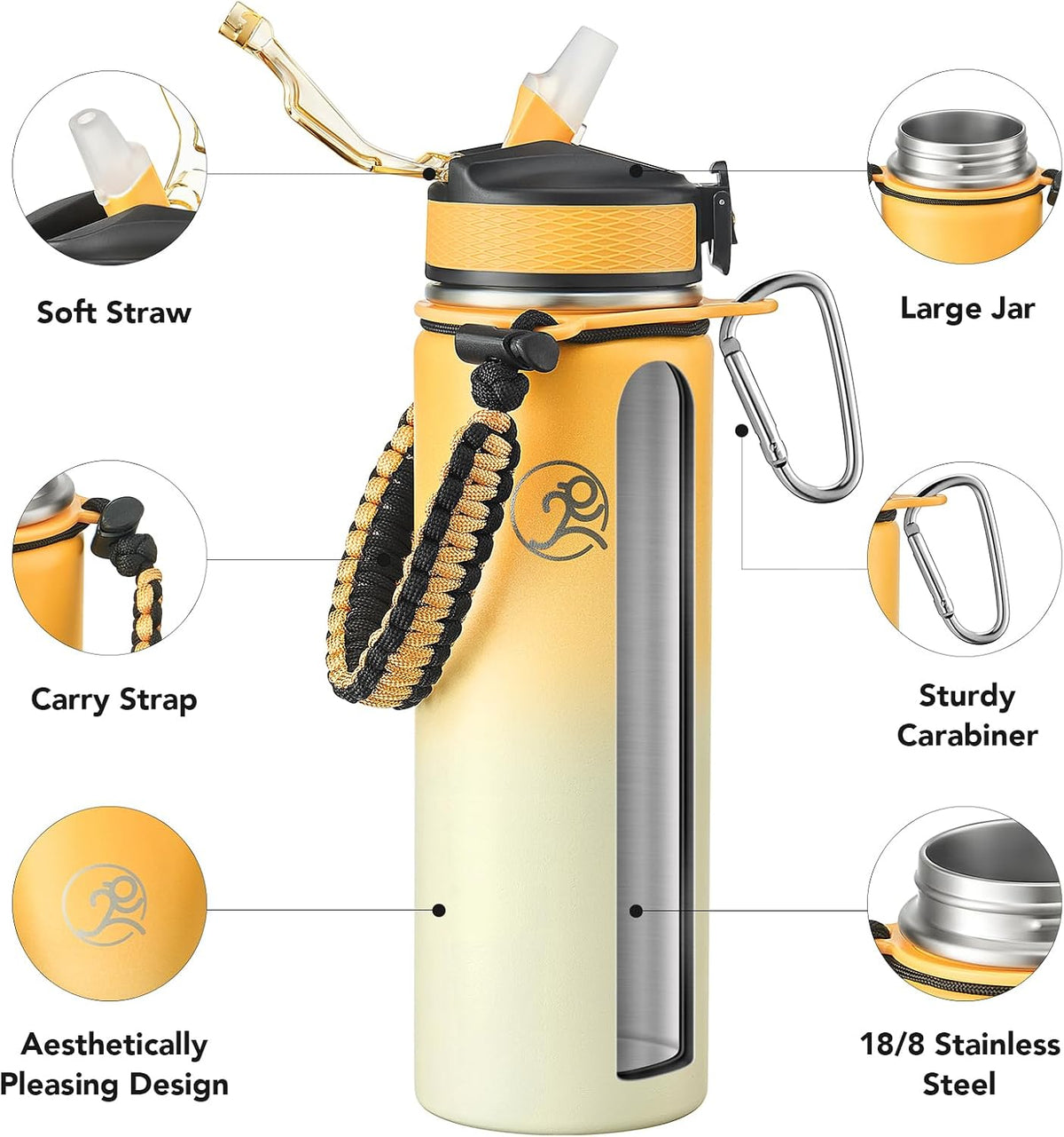 24oz Insulated Stainless Steel Travel Water Bottle, 2 Lids