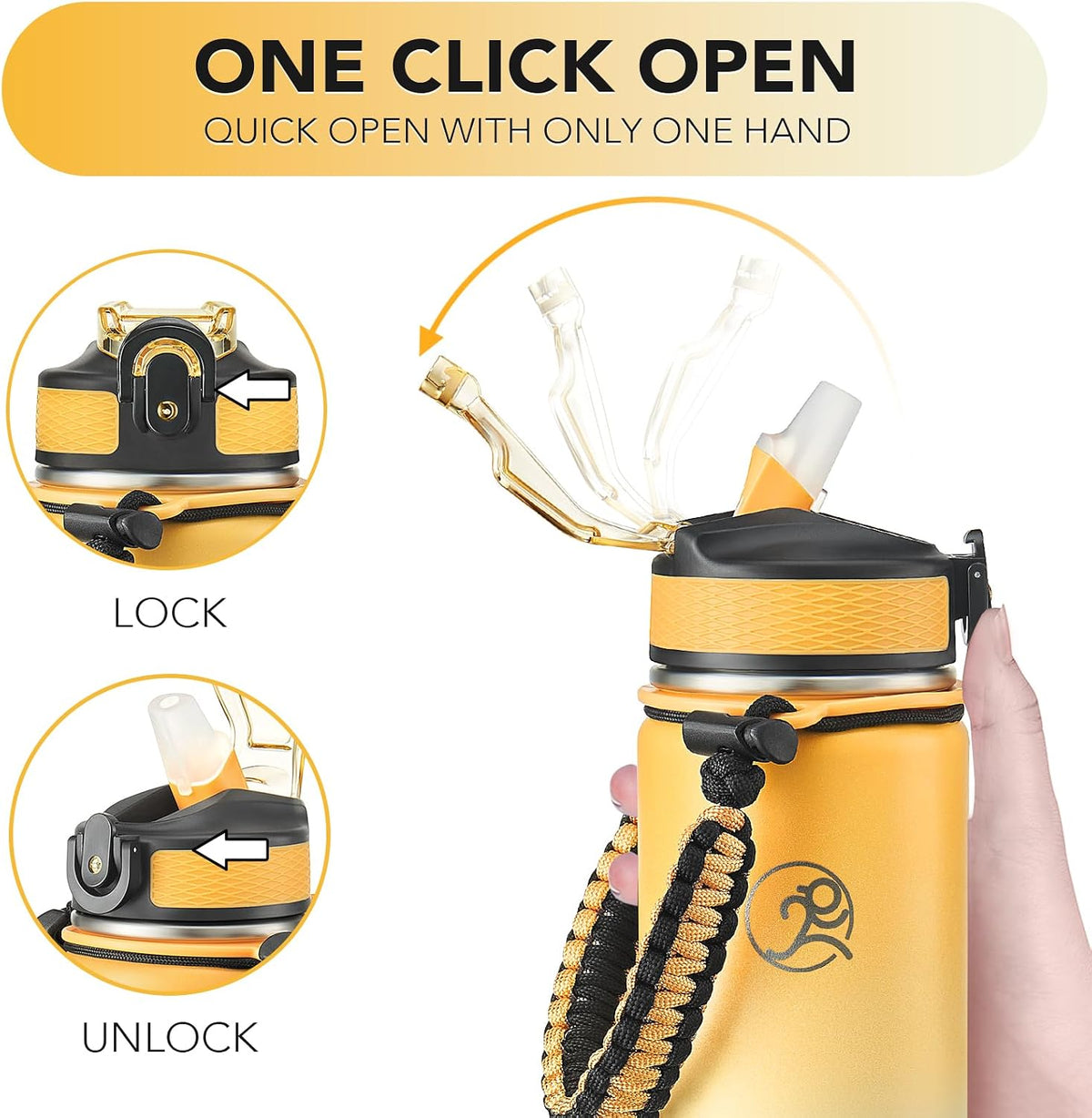 24oz Insulated Stainless Steel Travel Water Bottle, 2 Lids