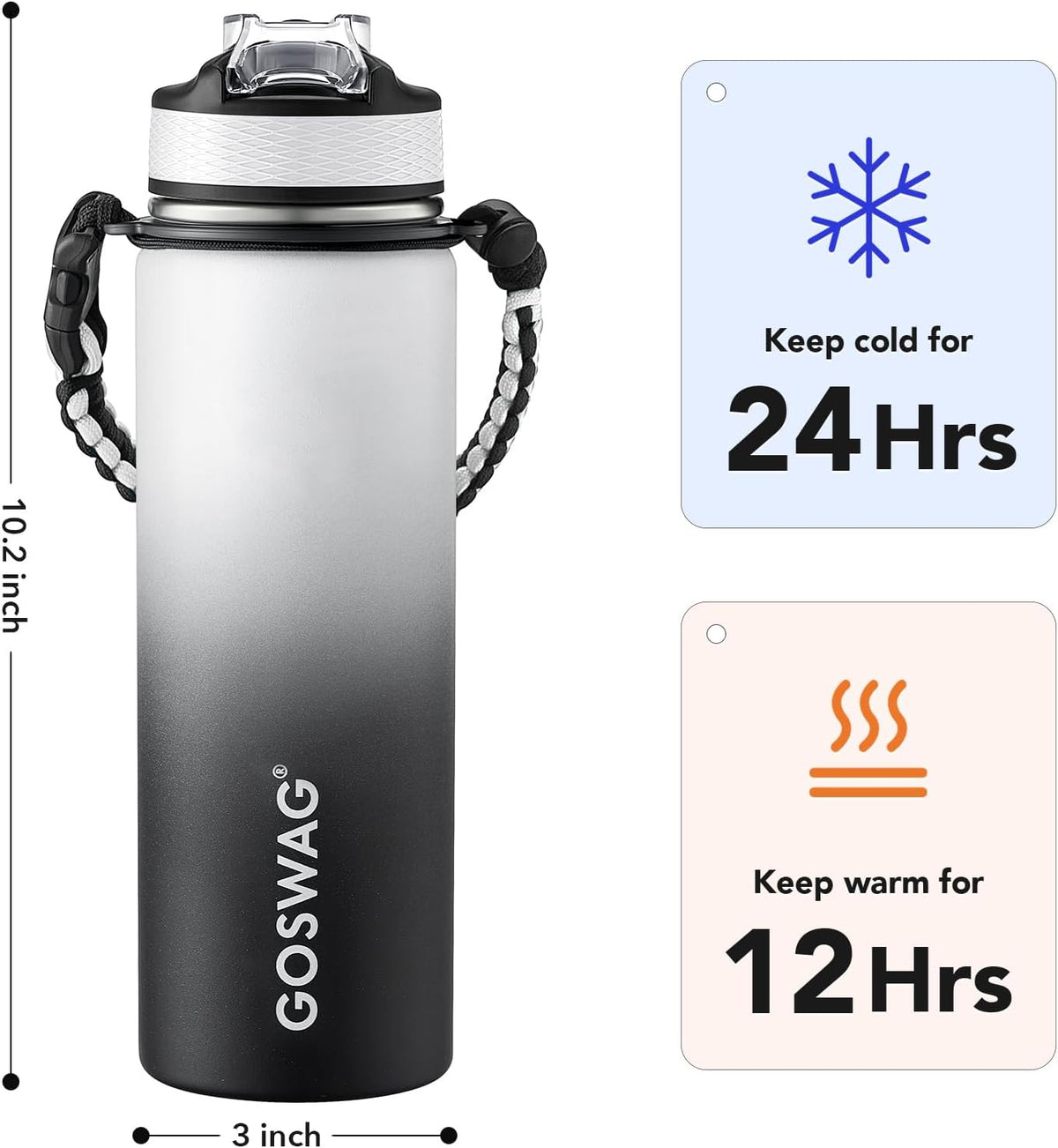 24oz Insulated Stainless Steel Travel Water Bottle, 2 Lids