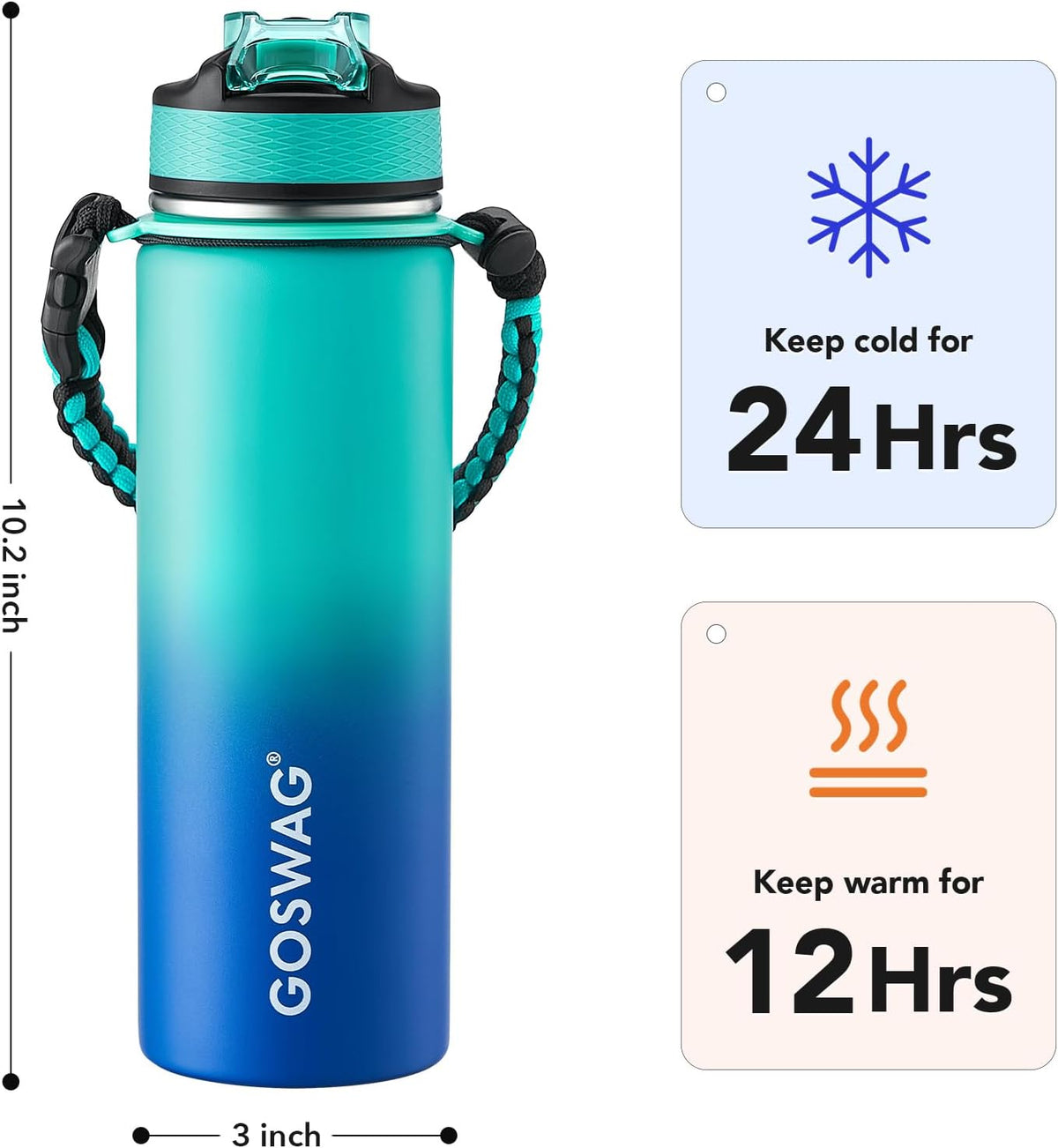 24oz Insulated Stainless Steel Travel Water Bottle, 2 Lids