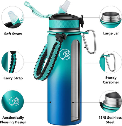 24oz Insulated Stainless Steel Travel Water Bottle, 2 Lids