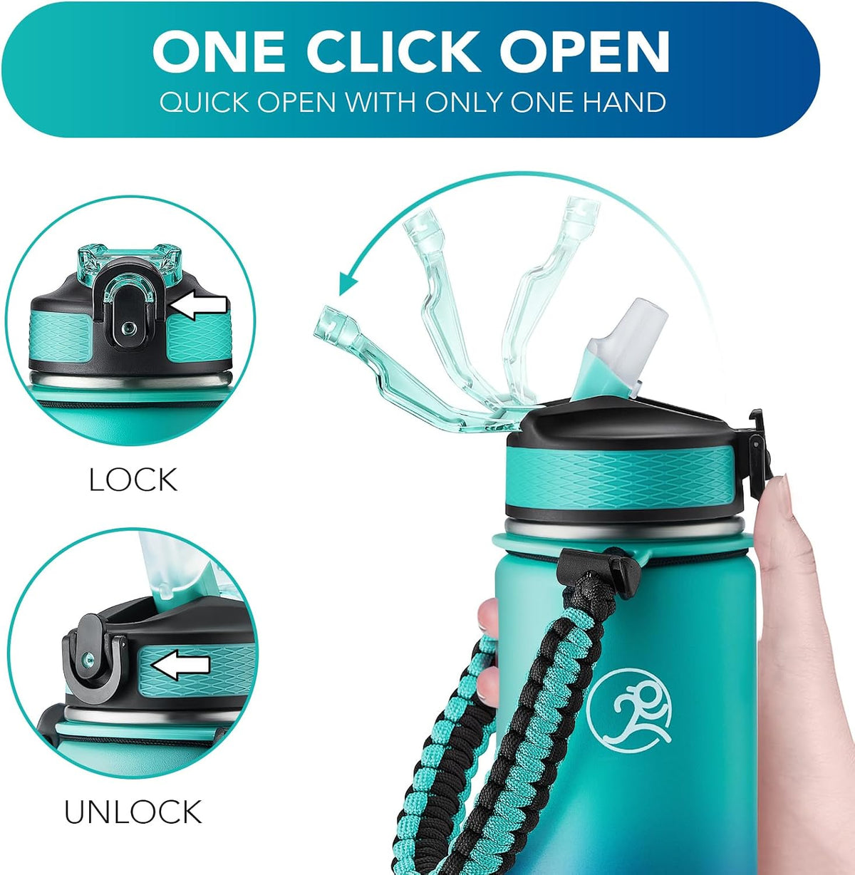 24oz Insulated Stainless Steel Travel Water Bottle, 2 Lids