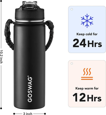 24oz Insulated Stainless Steel Travel Water Bottle, 2 Lids