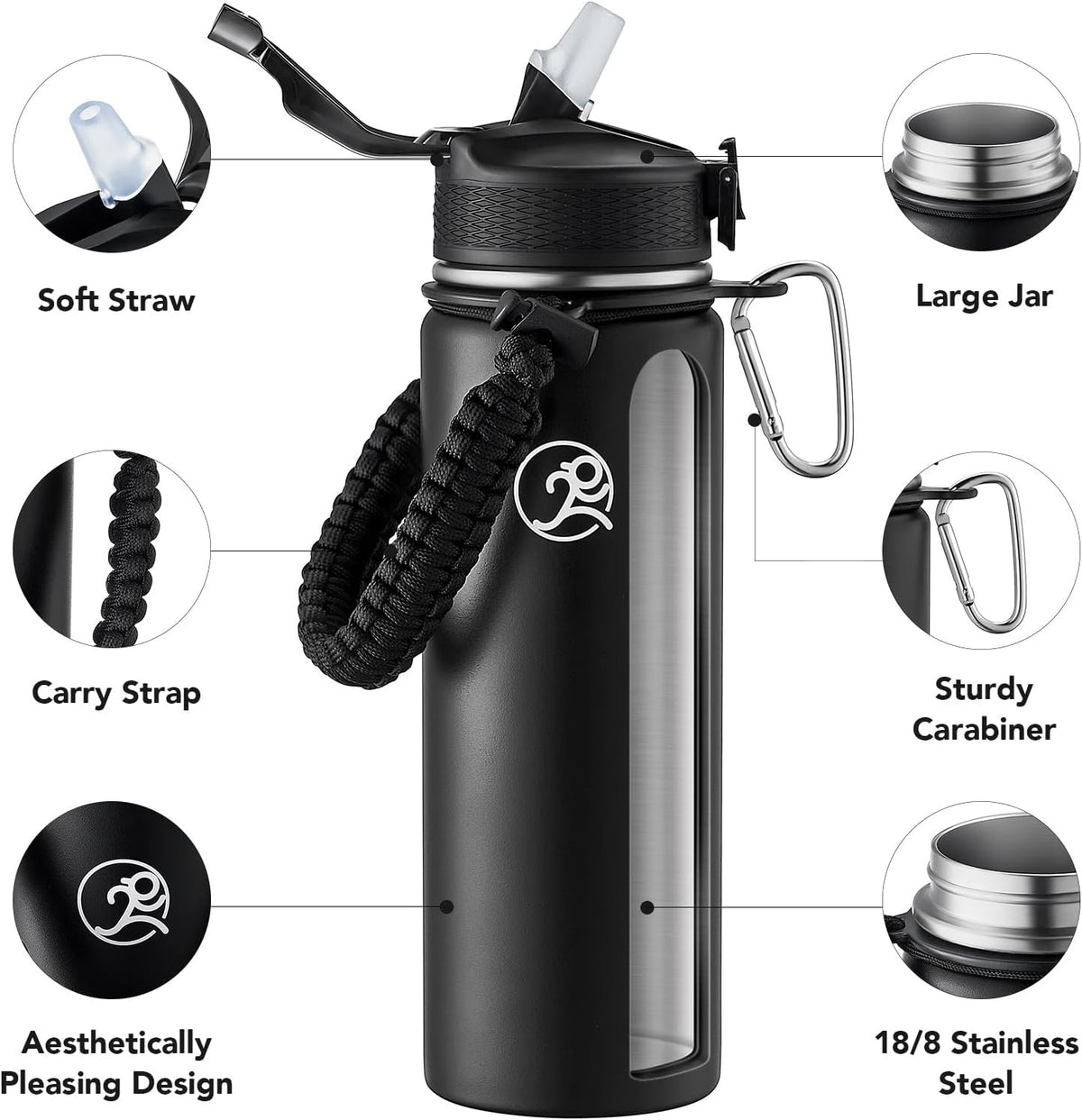 24oz Insulated Stainless Steel Travel Water Bottle, 2 Lids