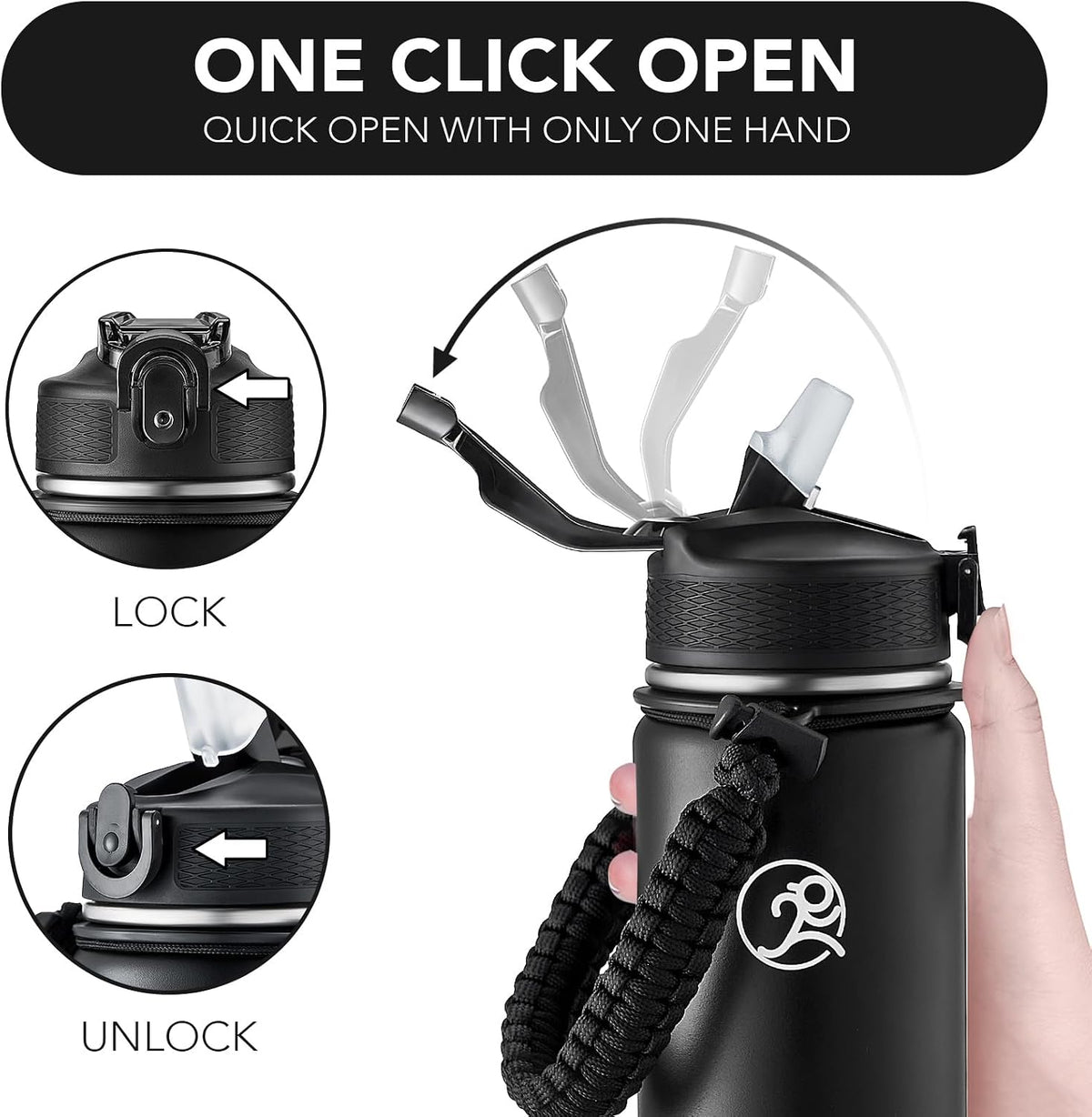 24oz Insulated Stainless Steel Travel Water Bottle, 2 Lids