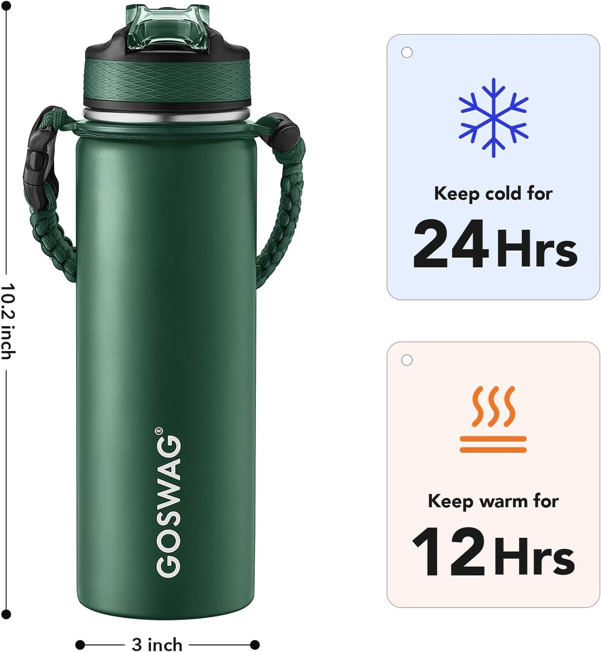 24oz Insulated Stainless Steel Travel Water Bottle, 2 Lids