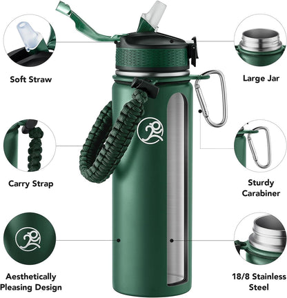 24oz Insulated Stainless Steel Travel Water Bottle, 2 Lids