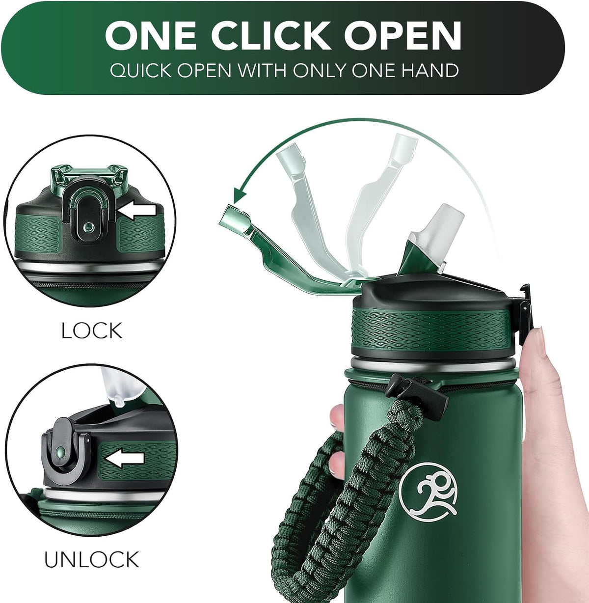 24oz Insulated Stainless Steel Travel Water Bottle, 2 Lids