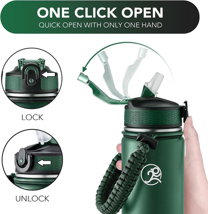 24oz Insulated Stainless Steel Travel Water Bottle, 2 Lids