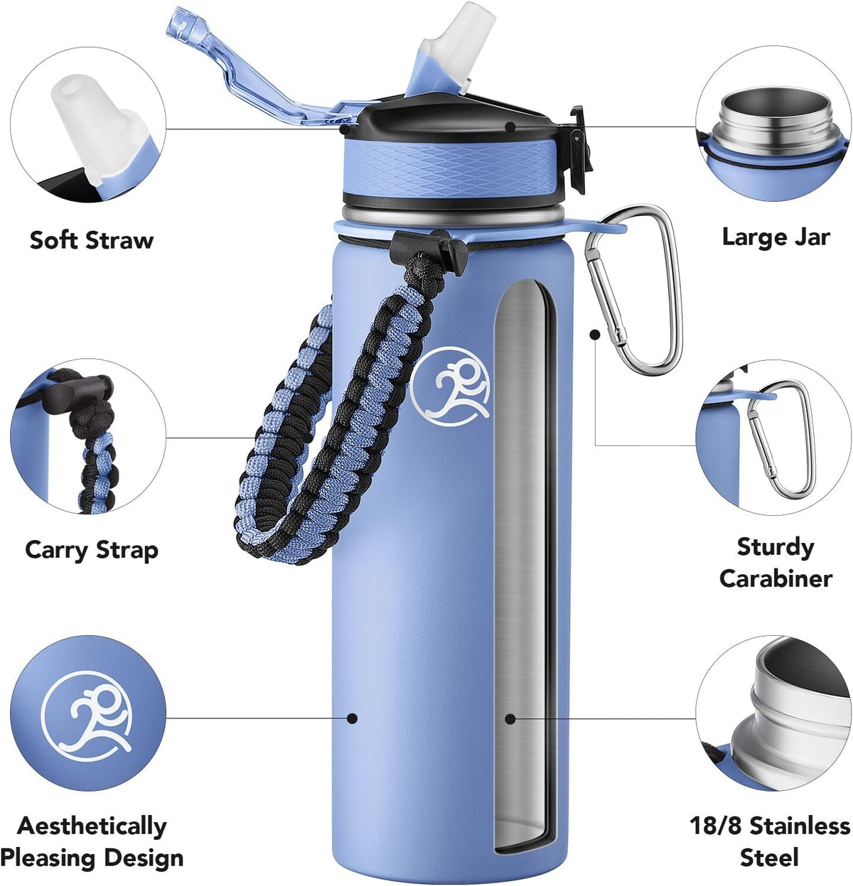 24oz Insulated Stainless Steel Travel Water Bottle, 2 Lids