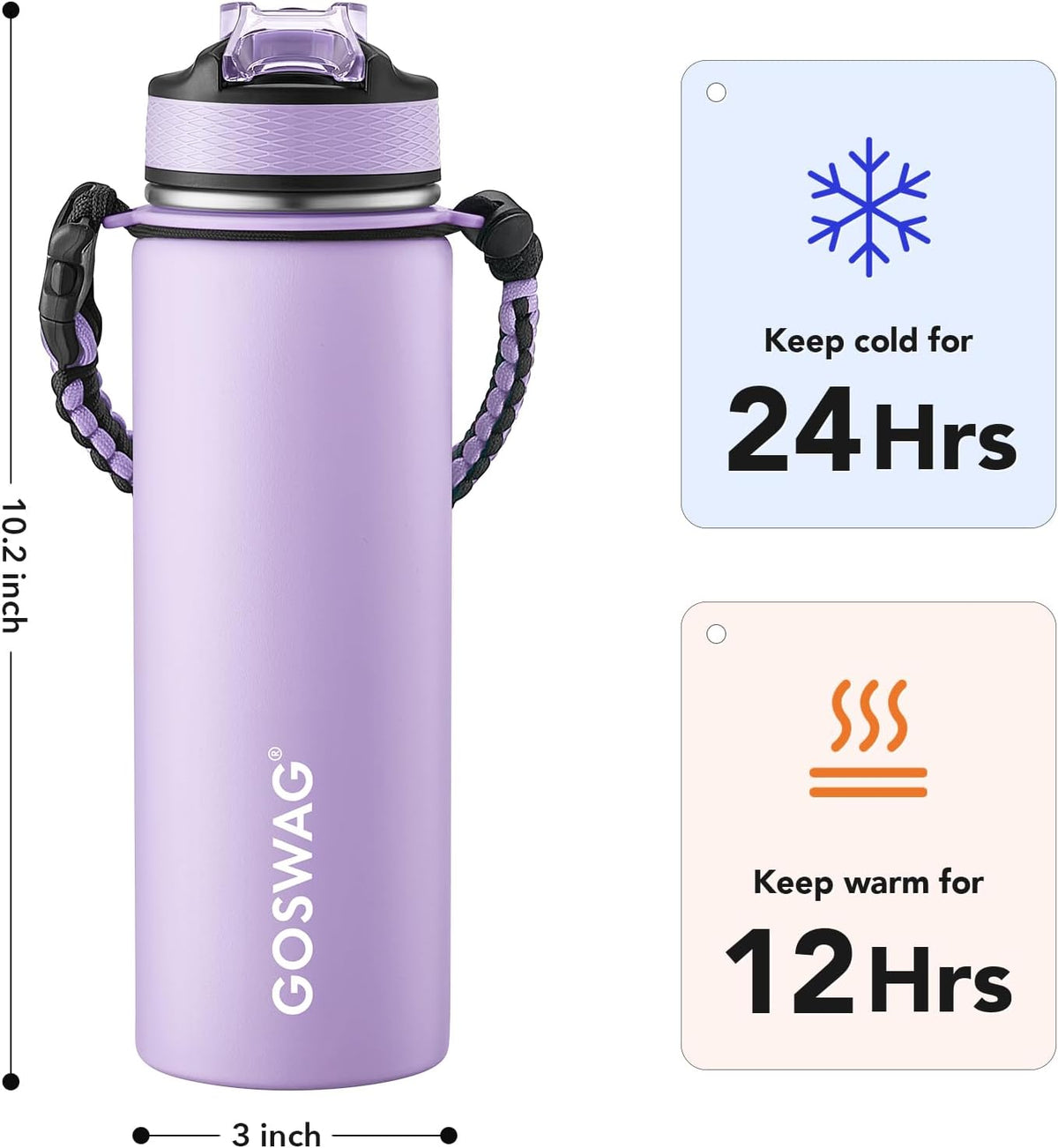 24oz Insulated Stainless Steel Travel Water Bottle, 2 Lids