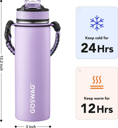 24oz Insulated Stainless Steel Travel Water Bottle, 2 Lids