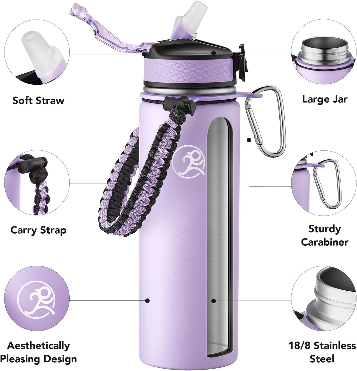 24oz Insulated Stainless Steel Travel Water Bottle, 2 Lids