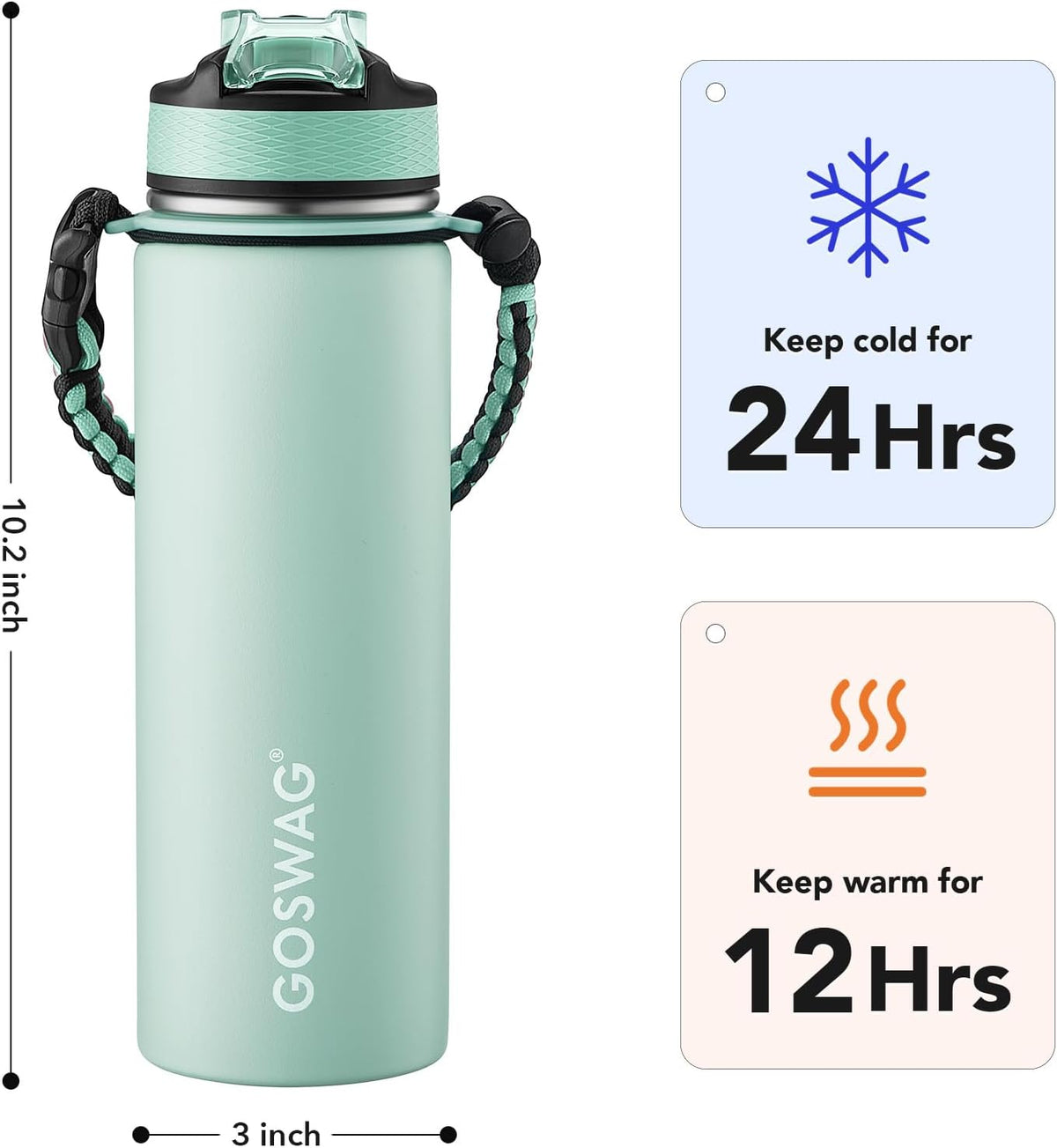 24oz Insulated Stainless Steel Travel Water Bottle, 2 Lids
