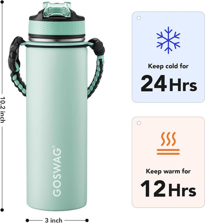 24oz Insulated Stainless Steel Travel Water Bottle, 2 Lids