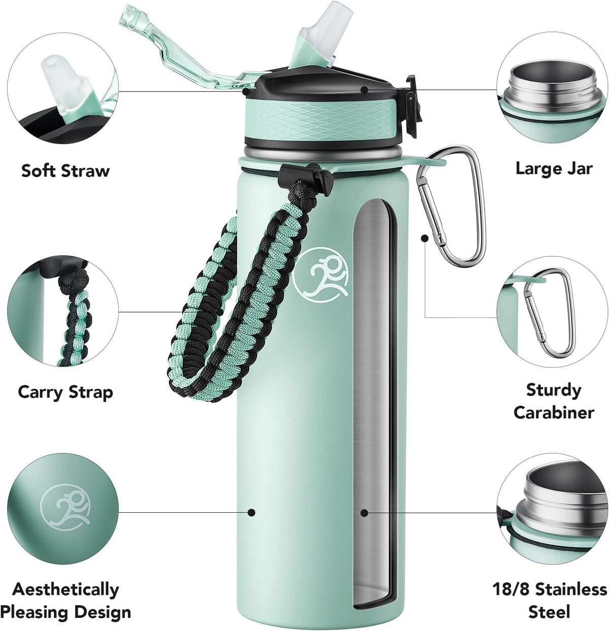 24oz Insulated Stainless Steel Travel Water Bottle, 2 Lids