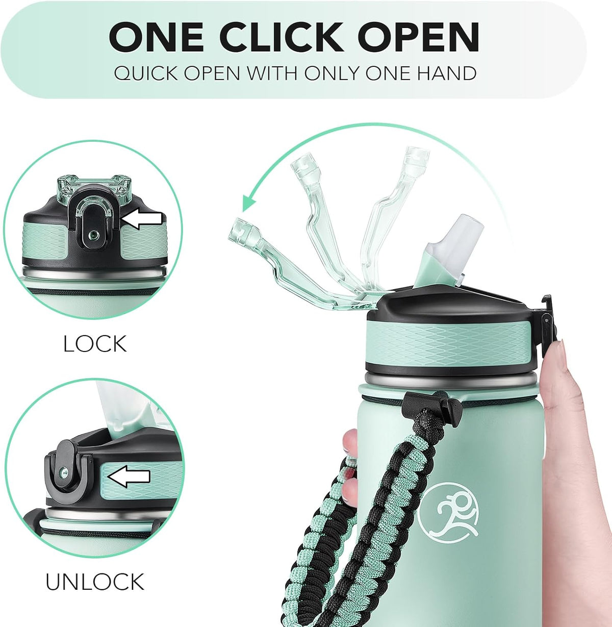 24oz Insulated Stainless Steel Travel Water Bottle, 2 Lids