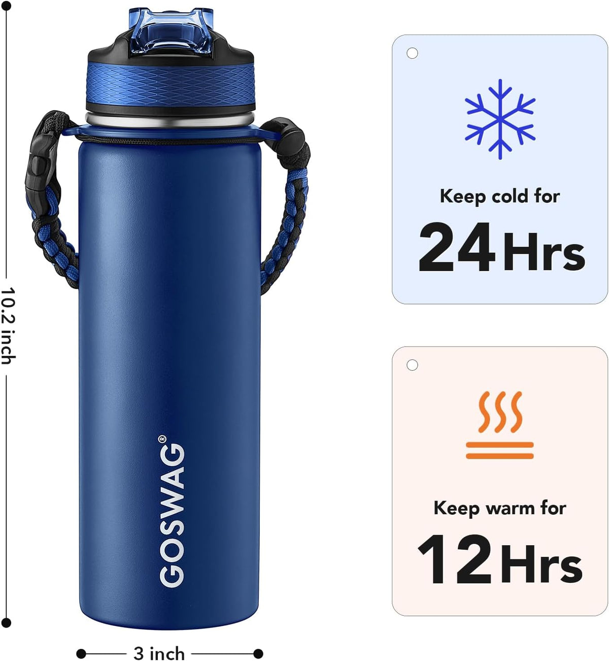 24oz Insulated Stainless Steel Travel Water Bottle, 2 Lids