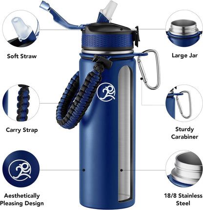 24oz Insulated Stainless Steel Travel Water Bottle, 2 Lids
