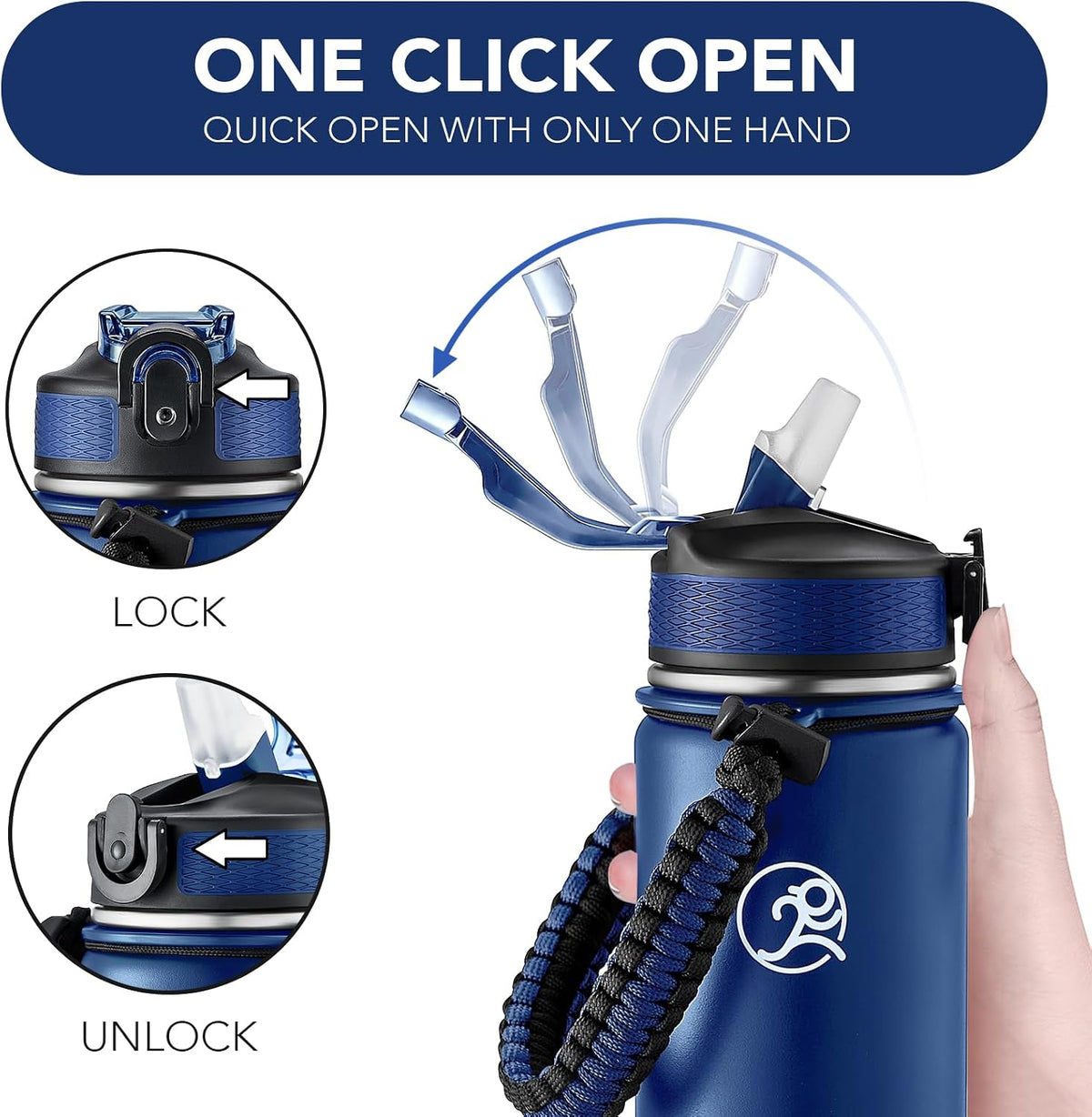 24oz Insulated Stainless Steel Travel Water Bottle, 2 Lids