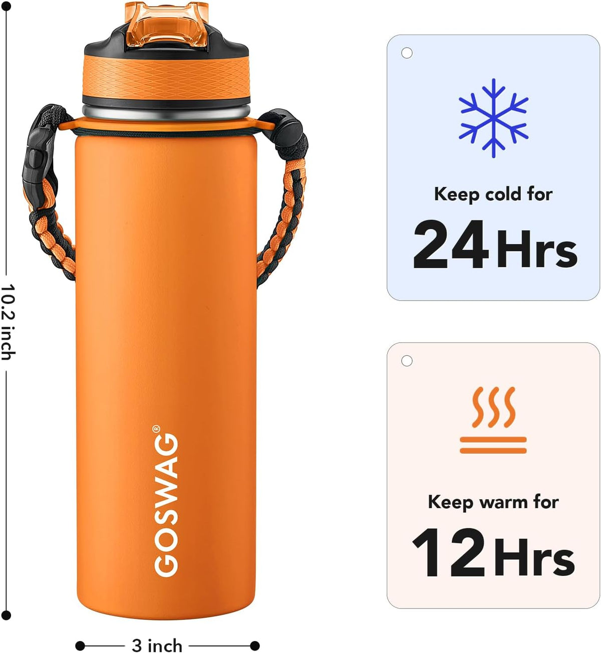 24oz Insulated Stainless Steel Travel Water Bottle, 2 Lids