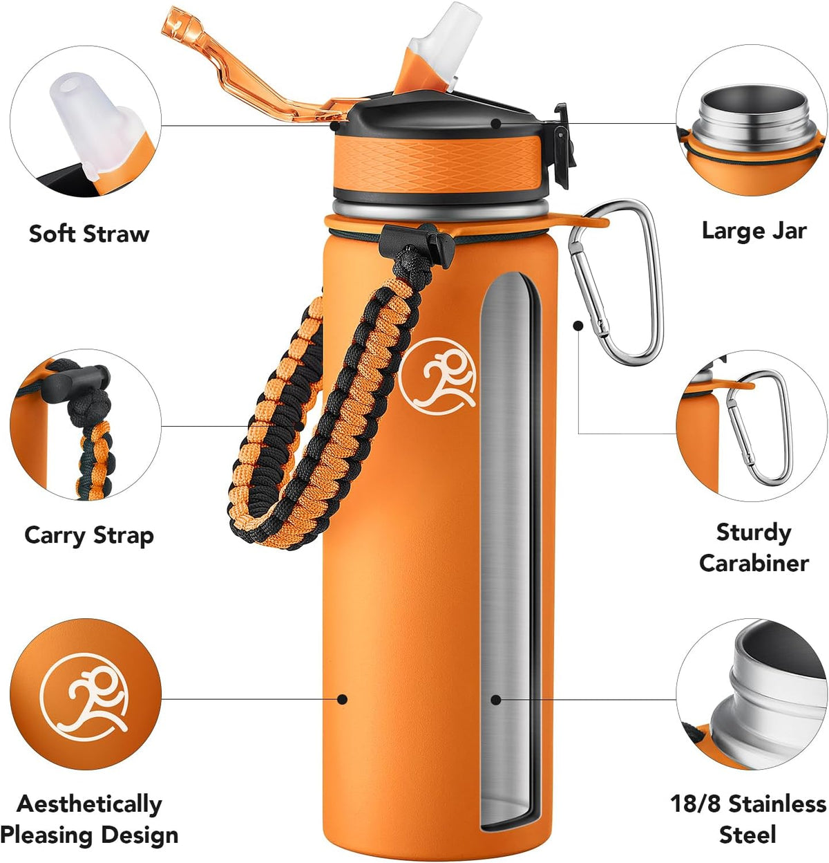 24oz Insulated Stainless Steel Travel Water Bottle, 2 Lids