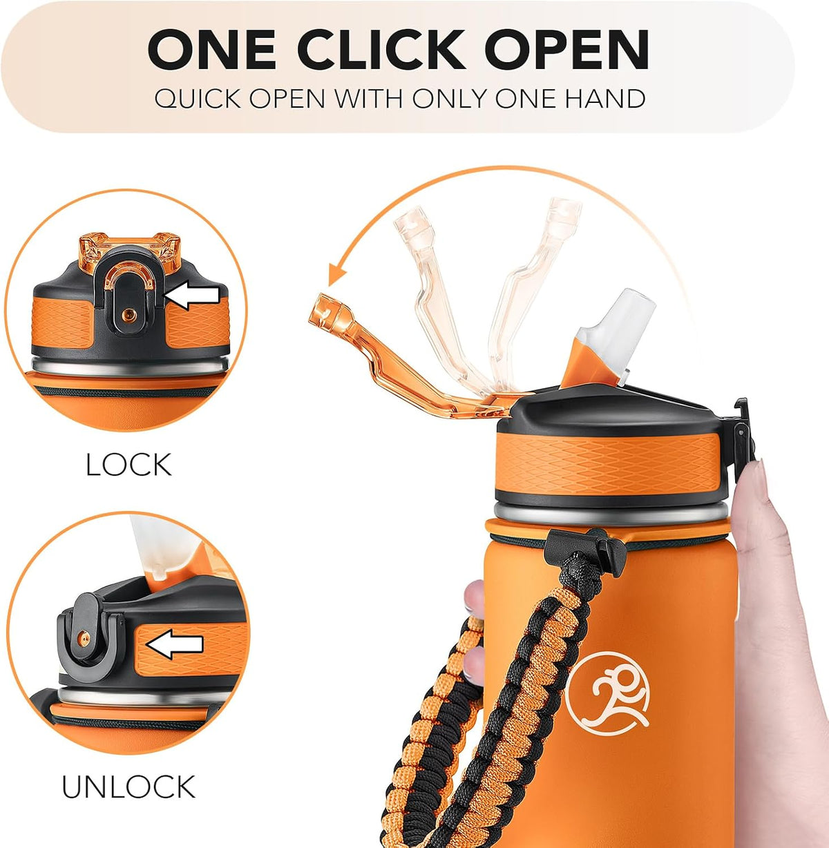24oz Insulated Stainless Steel Travel Water Bottle, 2 Lids