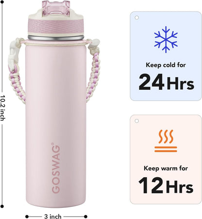 24oz Insulated Stainless Steel Travel Water Bottle, 2 Lids