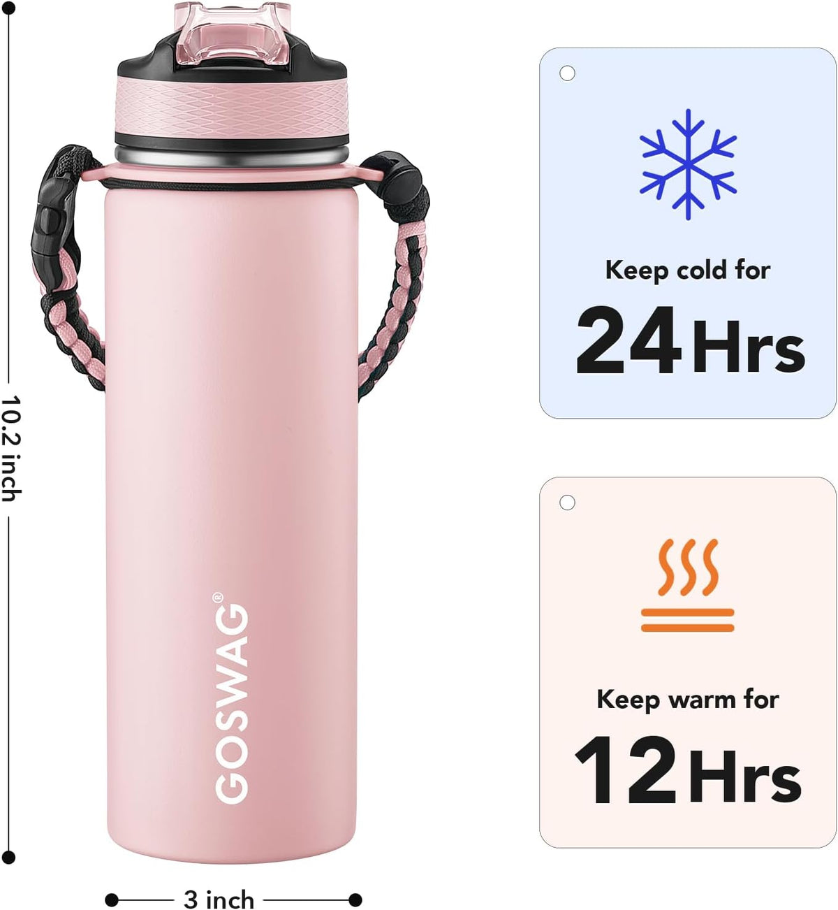 24oz Insulated Stainless Steel Travel Water Bottle, 2 Lids