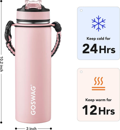 24oz Insulated Stainless Steel Travel Water Bottle, 2 Lids