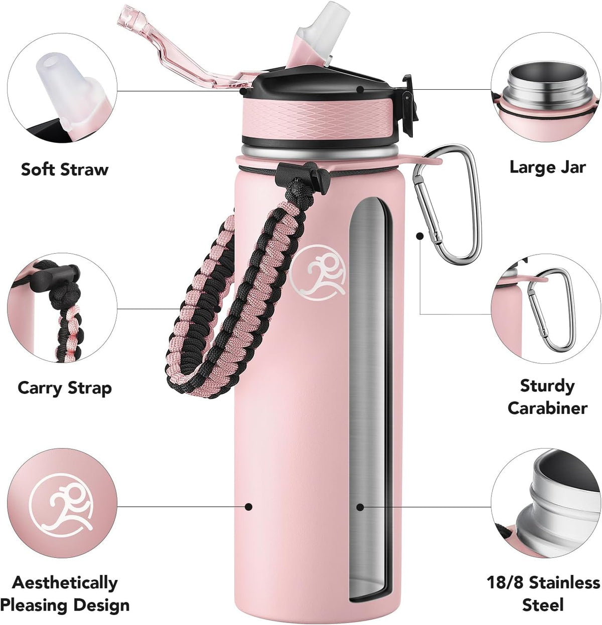 24oz Insulated Stainless Steel Travel Water Bottle, 2 Lids