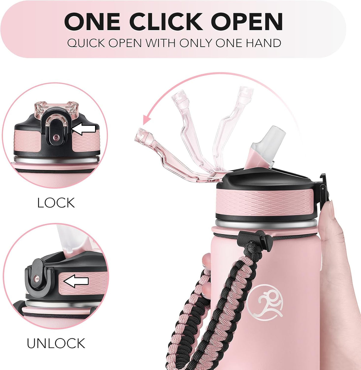 24oz Insulated Stainless Steel Travel Water Bottle, 2 Lids
