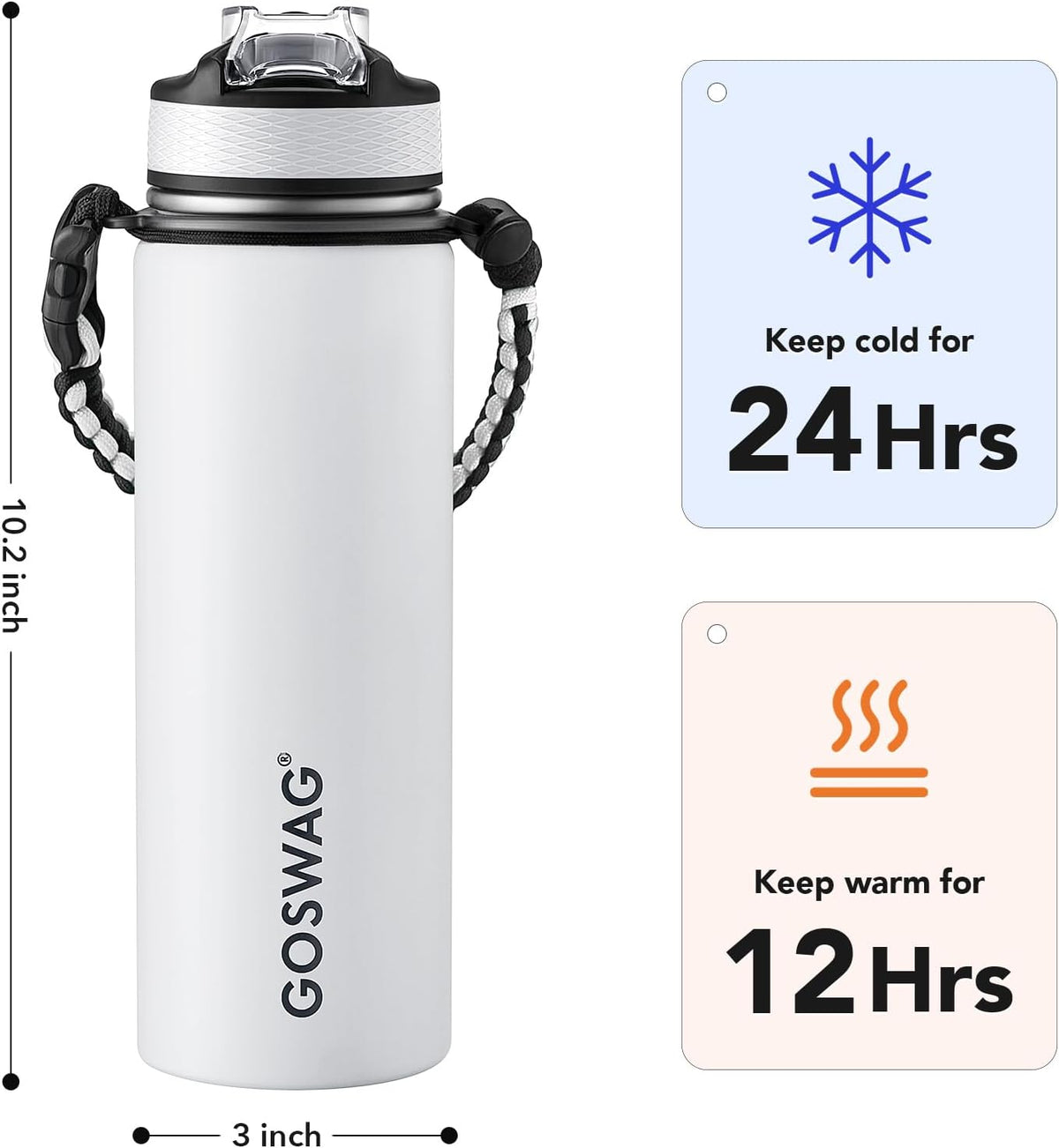 24oz Insulated Stainless Steel Travel Water Bottle, 2 Lids