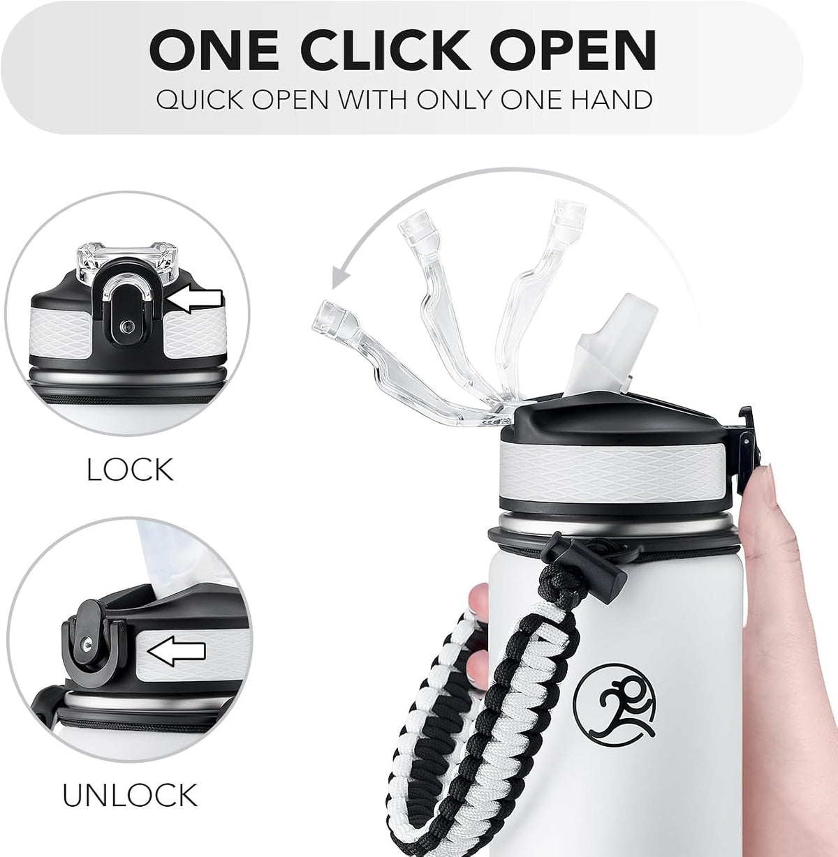 24oz Insulated Stainless Steel Travel Water Bottle, 2 Lids
