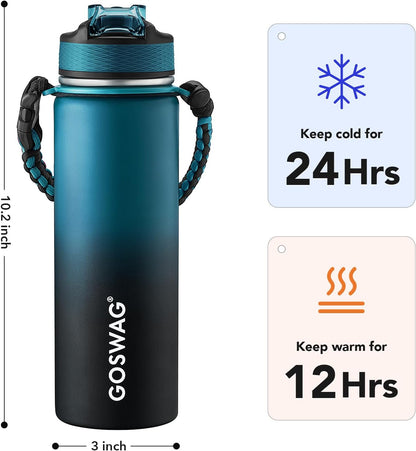 24oz Insulated Stainless Steel Travel Water Bottle, 2 Lids