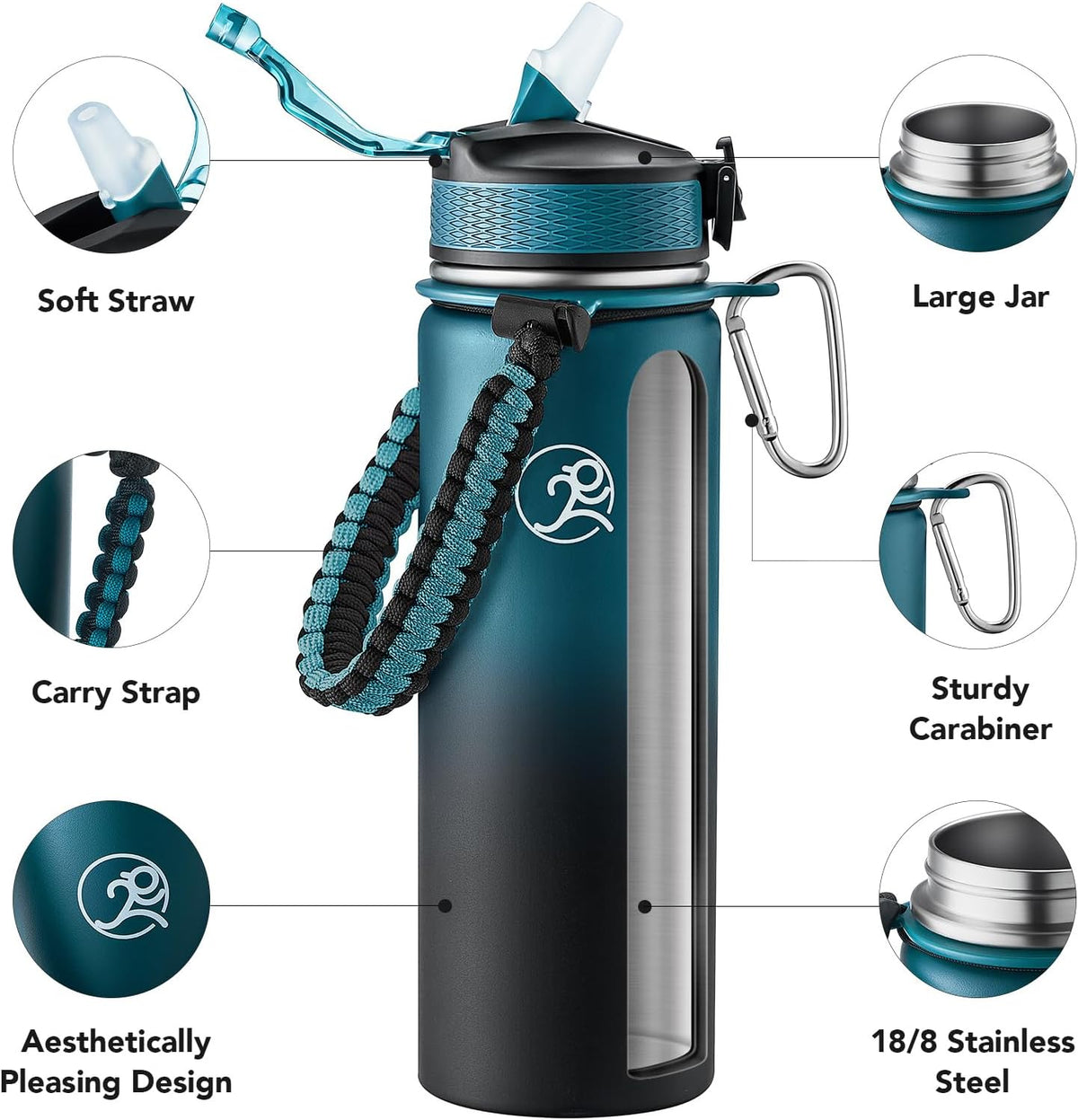 24oz Insulated Stainless Steel Travel Water Bottle, 2 Lids