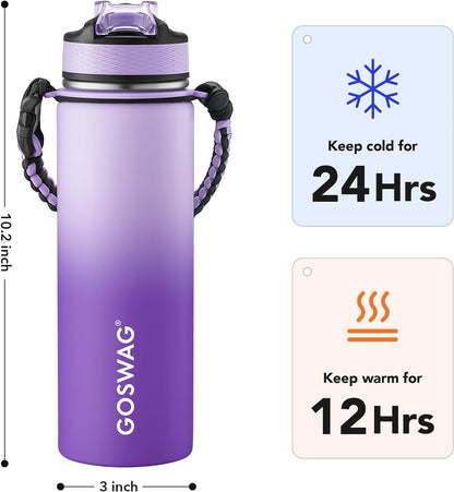 24oz Insulated Stainless Steel Travel Water Bottle, 2 Lids