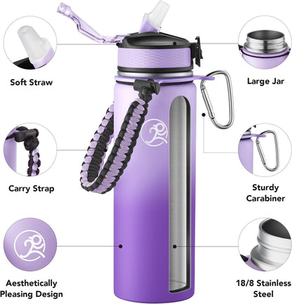 24oz Insulated Stainless Steel Travel Water Bottle, 2 Lids