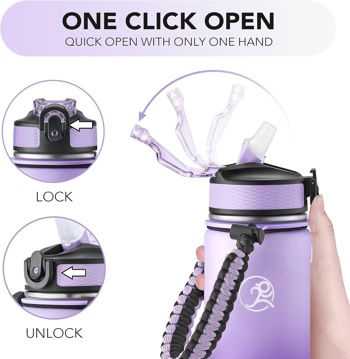 24oz Insulated Stainless Steel Travel Water Bottle, 2 Lids