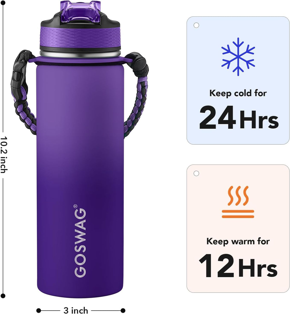 24oz Insulated Stainless Steel Travel Water Bottle, 2 Lids