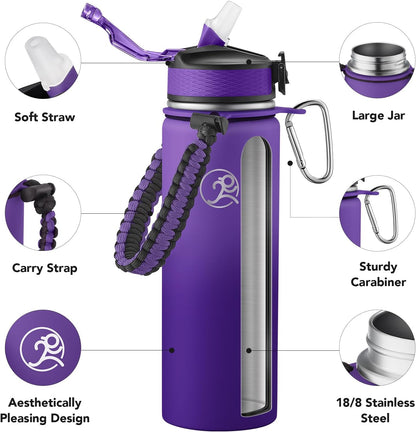24oz Insulated Stainless Steel Travel Water Bottle, 2 Lids