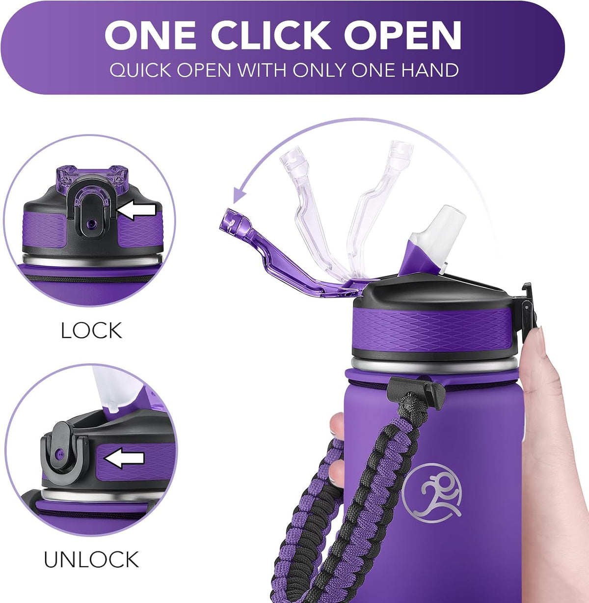 24oz Insulated Stainless Steel Travel Water Bottle, 2 Lids