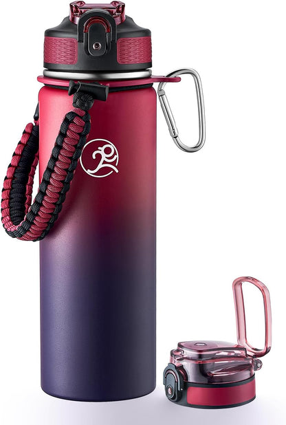 24oz Insulated Stainless Steel Travel Water Bottle, 2 Lids