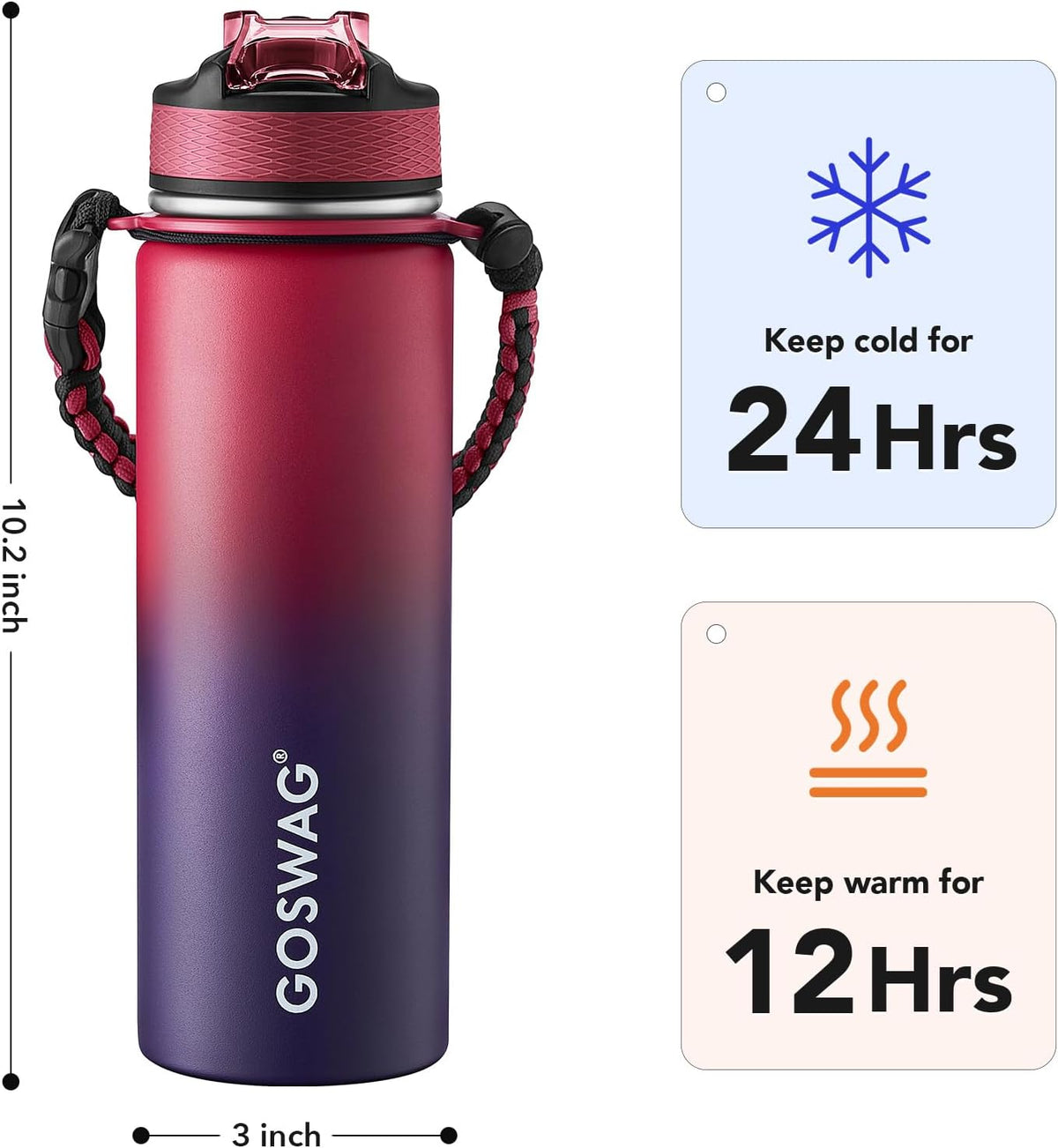 24oz Insulated Stainless Steel Travel Water Bottle, 2 Lids