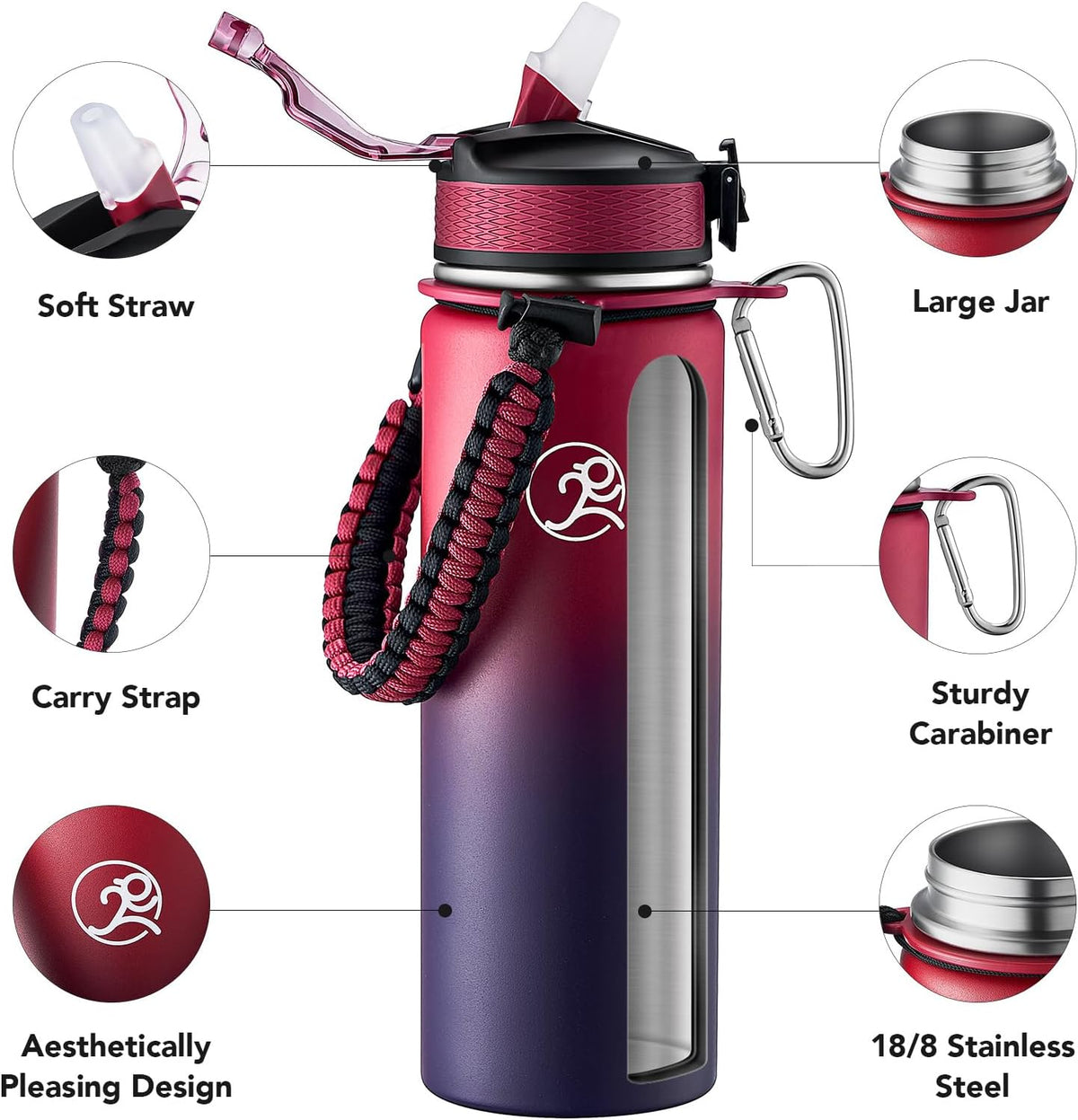 24oz Insulated Stainless Steel Travel Water Bottle, 2 Lids