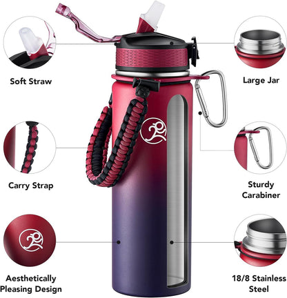 24oz Insulated Stainless Steel Travel Water Bottle, 2 Lids