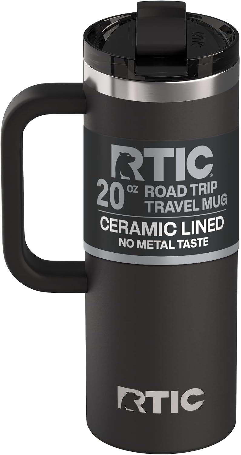 20oz Road Trip Travel Mug with Lid and Handle, Ceramic Lined, Black