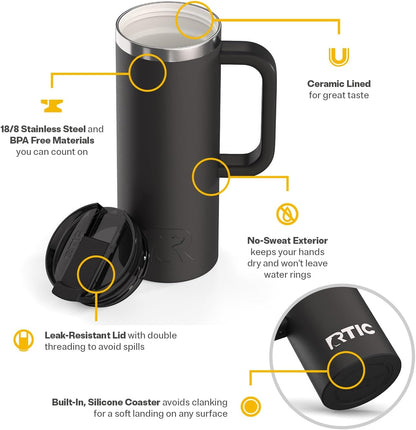 20oz Road Trip Travel Mug with Lid and Handle, Ceramic Lined, Black