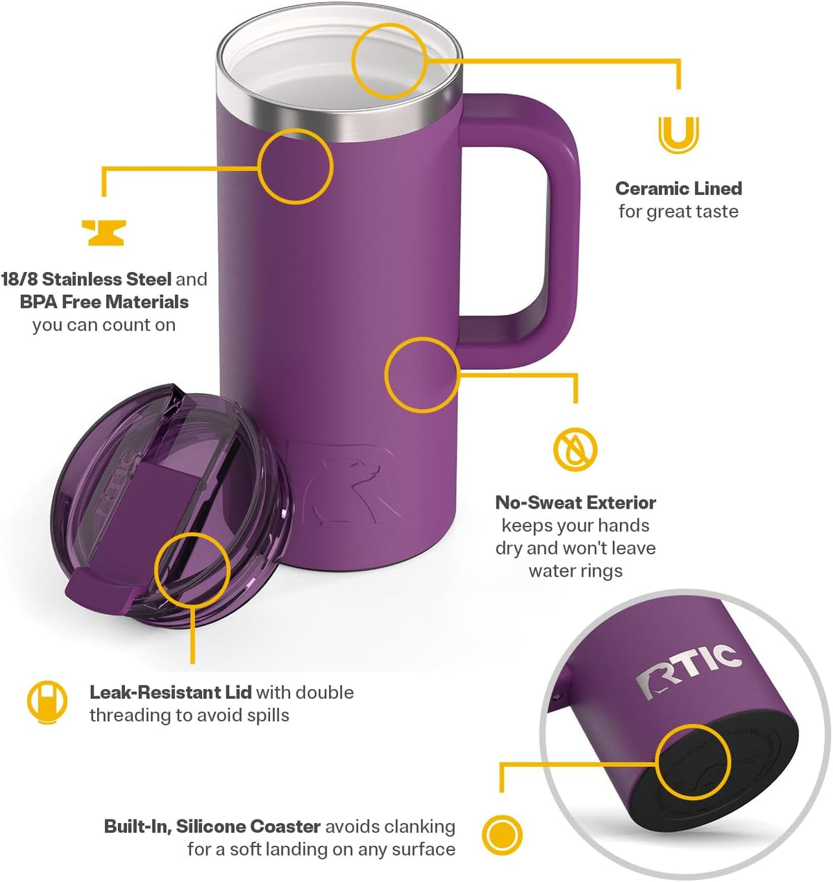 20oz Road Trip Travel Mug with Lid and Handle, Ceramic Lined, Black