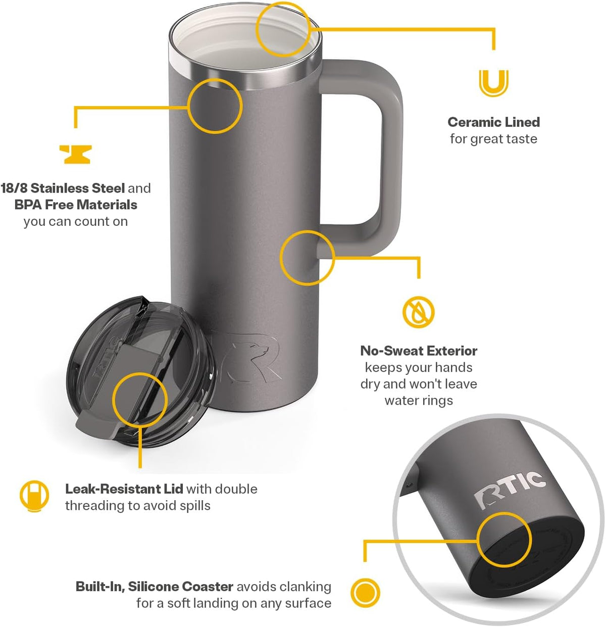 20oz Road Trip Travel Mug with Lid and Handle, Ceramic Lined, Black